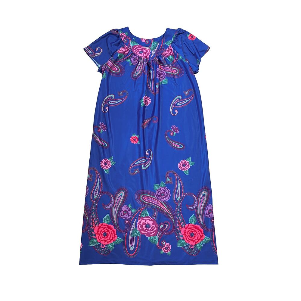 Vintage Granada Muumuu Caftan House Dress Women L Blue Pink Floral Maxi